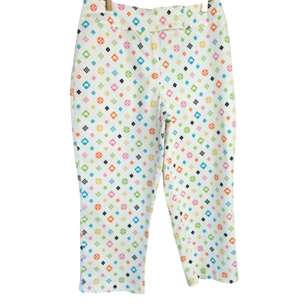 ENVY Vintage Y2k Capri Pants Size 8 White Bootleg Designer Style Geometric Print